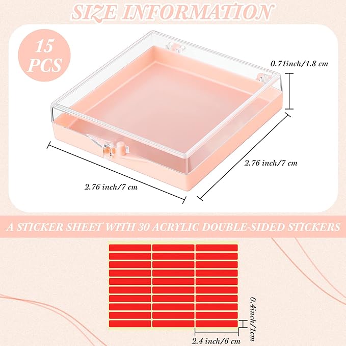 Landhoow 15 Pcs Press on Nail Storage Box with Adhesive Double Sided Tape Acrylic Artificial False Nail Packaging Display Case Organizer for Home Business Salon Supplies (Pink)