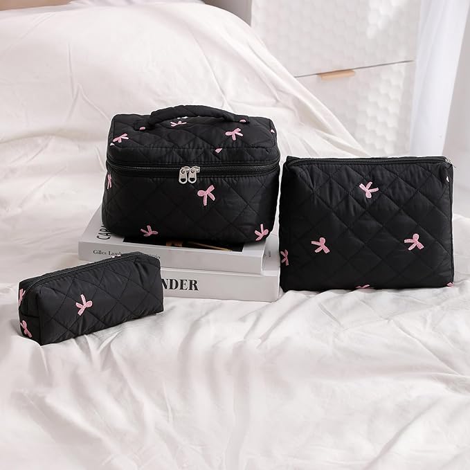 uekeboag Large Travel Quilted Makeup Bag for Women, Floral Cotton Cosmetic Bag, Coquette Aesthetic Floral Toiletry Organizer Bag(13Black Bow