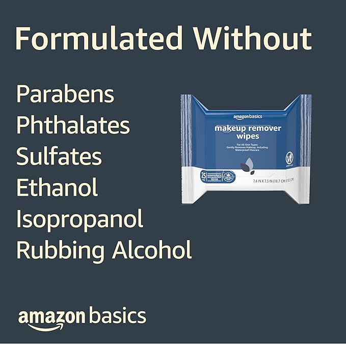 Amazon Basics Makeup Remover Wipes, Gentle Cleansing, Dermatologist Tested, Original, Plant Based, Alcohol-Free, Removes Waterproof Mascara, pH Balanced, 25 Count, 6-Pack