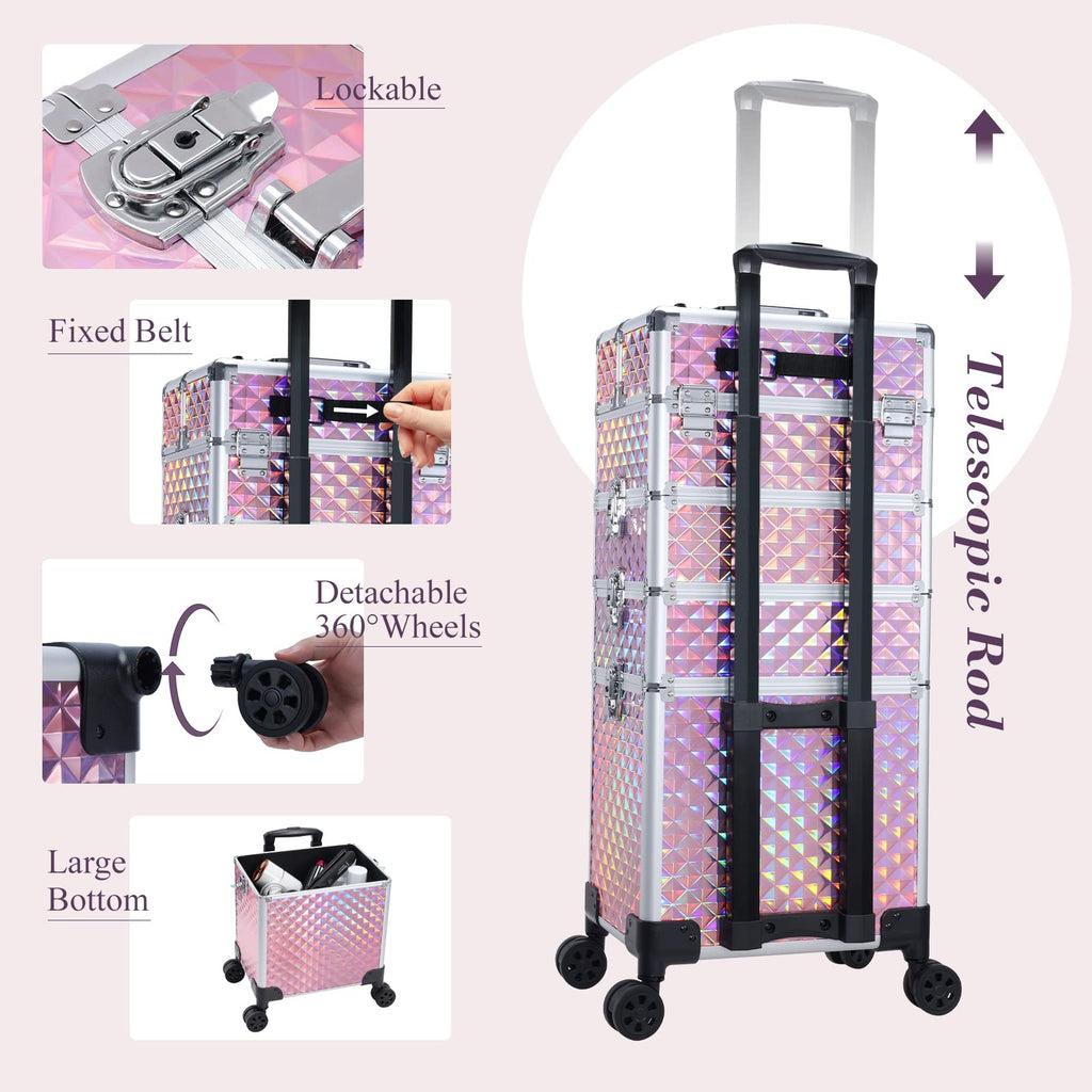 Adazzo 4 in 1 Rolling Makeup Trolley Train Case Cosmetic Suitcase, Box for Makeup Artist, Hairstylists, Nail Tech Students Barber Case with Keys Swivel Wheels - Shiny Pink