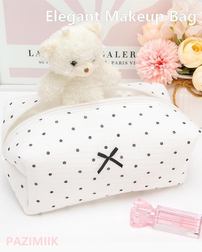 PAZIMIIK Cozy Makeup Bag for Women,Zipper Cosmetic Pouch,Gauze Polka Dot
