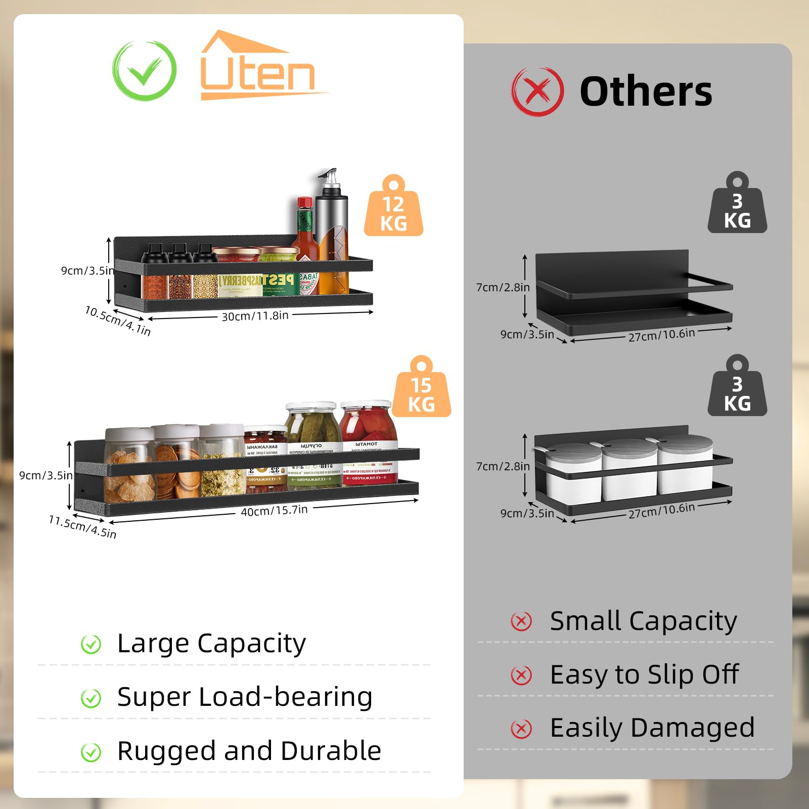 Uten Large Magnetic Spice Rack for Refrigerator 2 Pack, Fridge Organizer