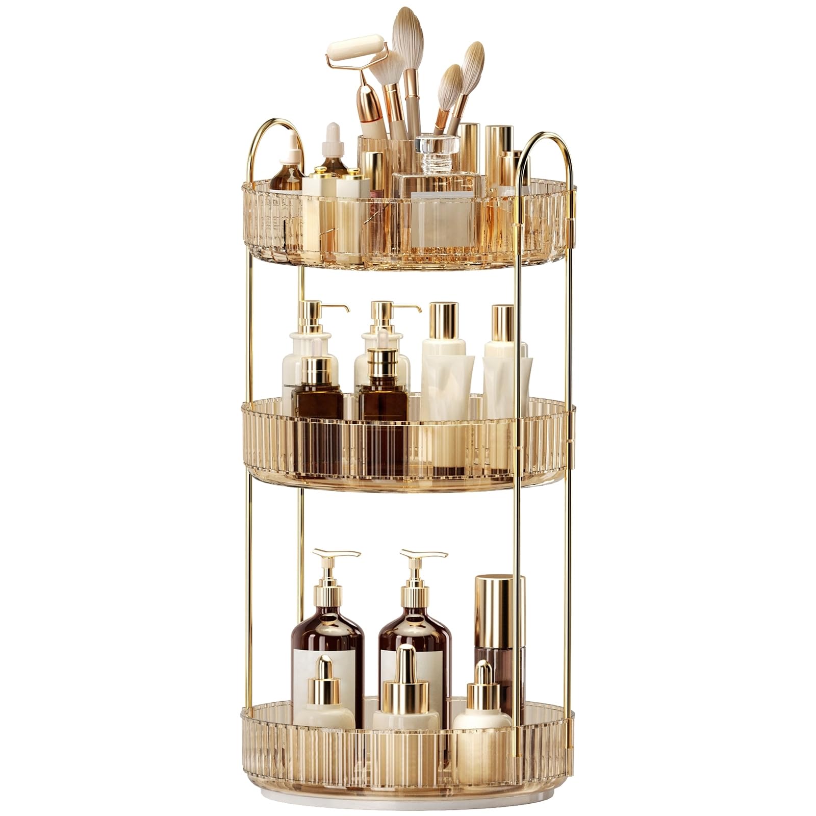 360° Rotating Makeup Organizer, Large-Capacity Skincare Make Up Storage 3 Tier Perfume Organizers Cosmetic Dresser Organizer with Makeup Brush Holder, Fits Bedroom, Bathroom, Vanity Shelf Countertop