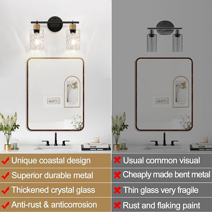 Bathroom Light Fixtures, 2-Light Coastal Vanity Lights with Crystal Glass Shade, Black Bathroom Wall Lamp for Mirror Kitchen Hallway Cabinet