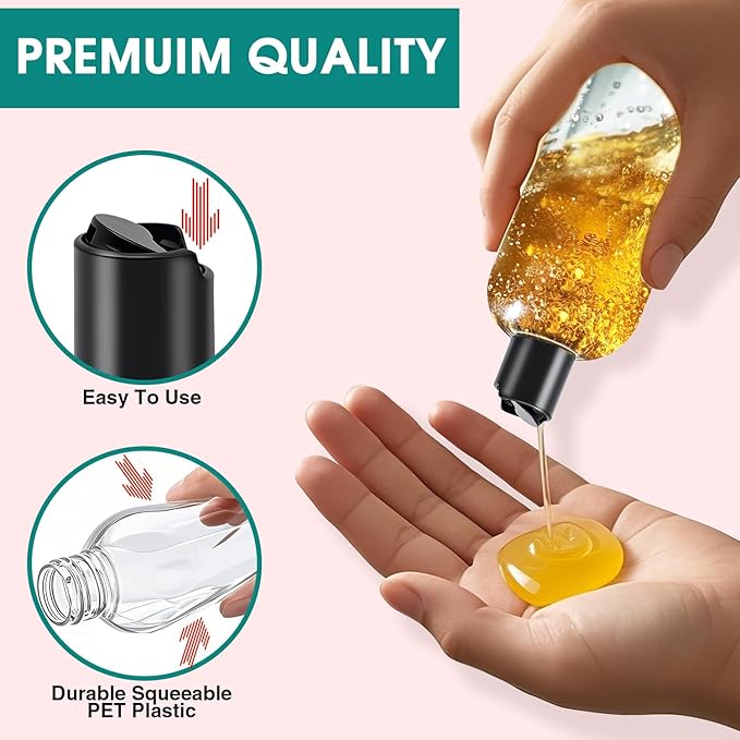 DPLASKA 16 oz Clear Plastic Empty Bottles with Black Disc Top Caps, 12 Pcs Squeezable Refillable Shampoo Bottles Travel Cosmetic Containers for Lotions, Body Soap Cream
