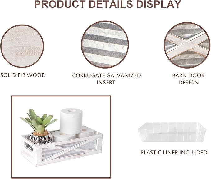 Wooden Toilet Tank Basket, Rustic Bathroom Decor Box, Farmhouse Toilet Paper Organizer Holder, Decorative Bathroom Storage Basket, Barn Door (Whitewash)