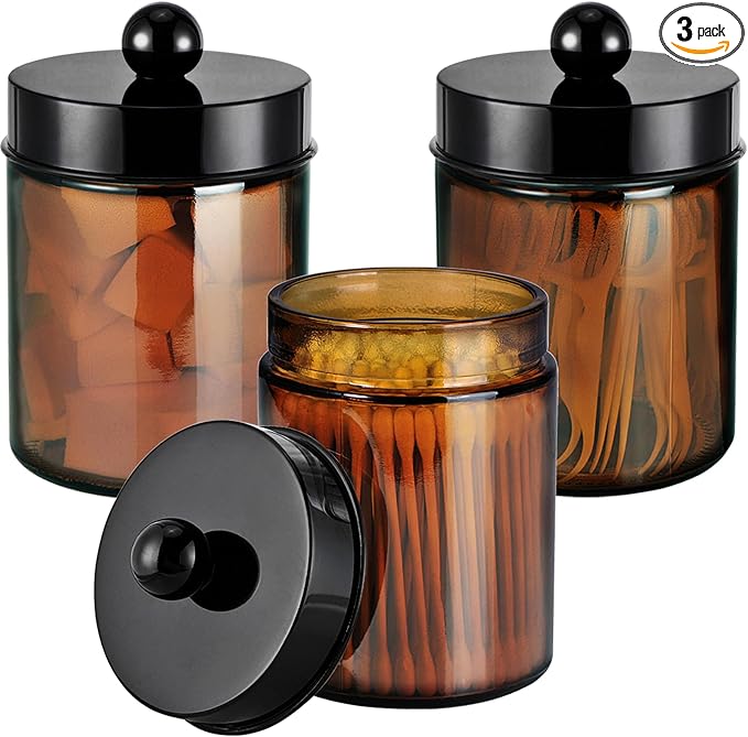 3PC Farmhouse Decor Qtip Holder Apothecary Jars Bathroom Vanity Storage Organizer -Countertop Canister Container &Cute Stickers for Cotton Swab, Ball,Pad,Floss,Paper Clips (Black)