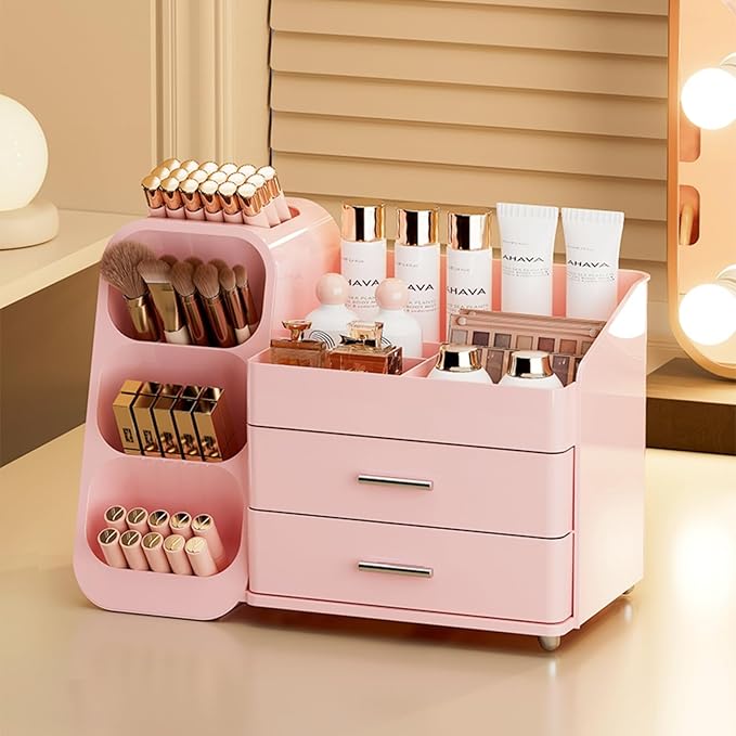 Booklov Large Makeup Organizer for Vanity Countertop, Pink