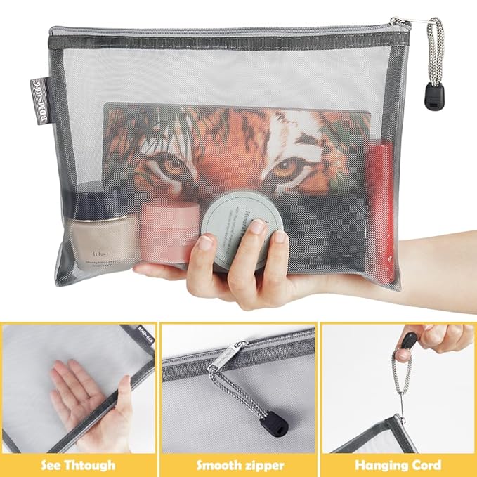 besharppin 6 Pack Mesh Cosmetic Bags, Nylon Makeup Pouches with Zipper for Home Office Purse Diaper Bag (Grey)