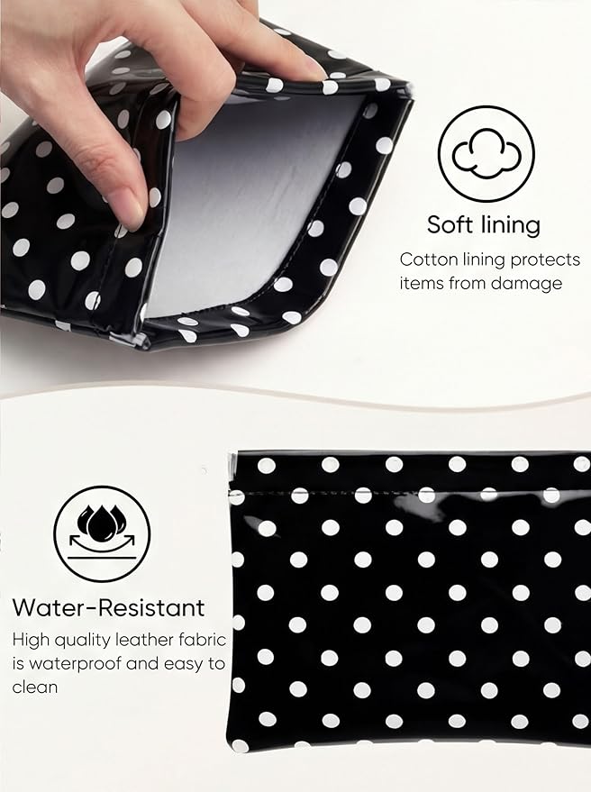 Ksriylm Dots Leather Makeup Pouch Set for Women Small Make Up Bag for Purse Waterproof Initial Makeup Cosmetic Bags Pouches for Purse Aesthetic Travel Toiletry Bag,Black White