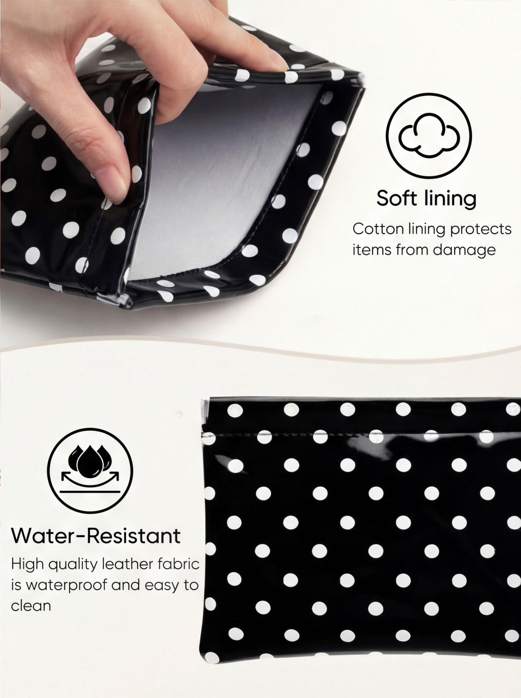 Ksriylm Dots Leather Makeup Pouch Set for Women Small Make Up Bag for Purse Waterproof Initial Makeup Cosmetic Bags Pouches for Purse Aesthetic Travel Toiletry Bag,Black White