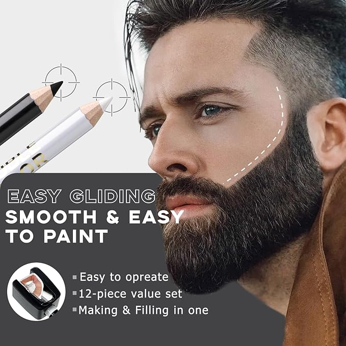 Noerrors 12Pcs Barber Pencil Set Hairline Enhancement Pencils Kit for Lineup Magic Beard Shaping Beard Guide Pen with Sharpener Barber Chalk for Beard Makeup Design for Men White Black Tan