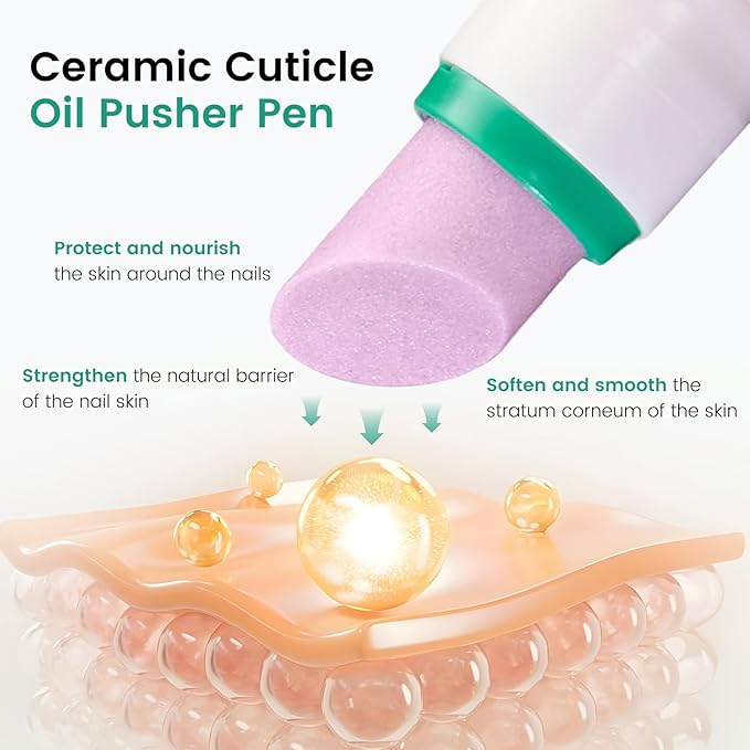 Ceramic Cuticle Oil Pusher Pen: 2PCS Nail Cuticle Buffer Pens for Hangnails, Dry & Damaged Nails, Moisturize Strengthen Brighten Nails