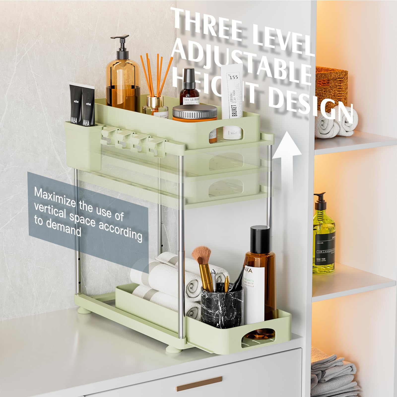 VERIFOST Under Sink Organizer, 2 Pack Under Kitchen Bathroom Cabinet Organizer, 2 Tier Under Bathroom Kitchen Sink Organizer, Adjustable Height Bathroom Kitchen Cabinet Organizers and Storage, Green