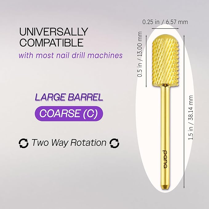 PANA 3/32" Large Smooth Round Top Safety Carbide Nail Drill Bit for Gel Polish & Acrylic Removal Nail Salon Manicure Pedicure Electric File Tools (Large Barrel - Gold, Coarse)