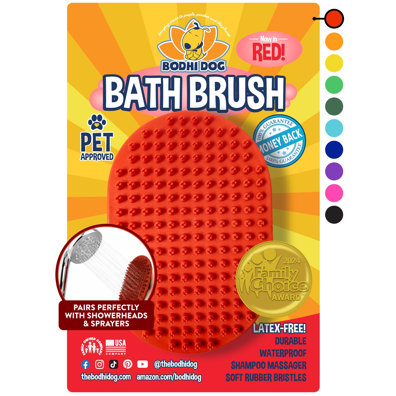 Bodhi Dog Shampoo Brush - Pet Grooming & Bath Supplies for Dogs and Cats - Bath Brush for Long & Short Hair - Premium Scrubber for Shower, Showerhead, Sprayer & Bathing (One Pack, Red)