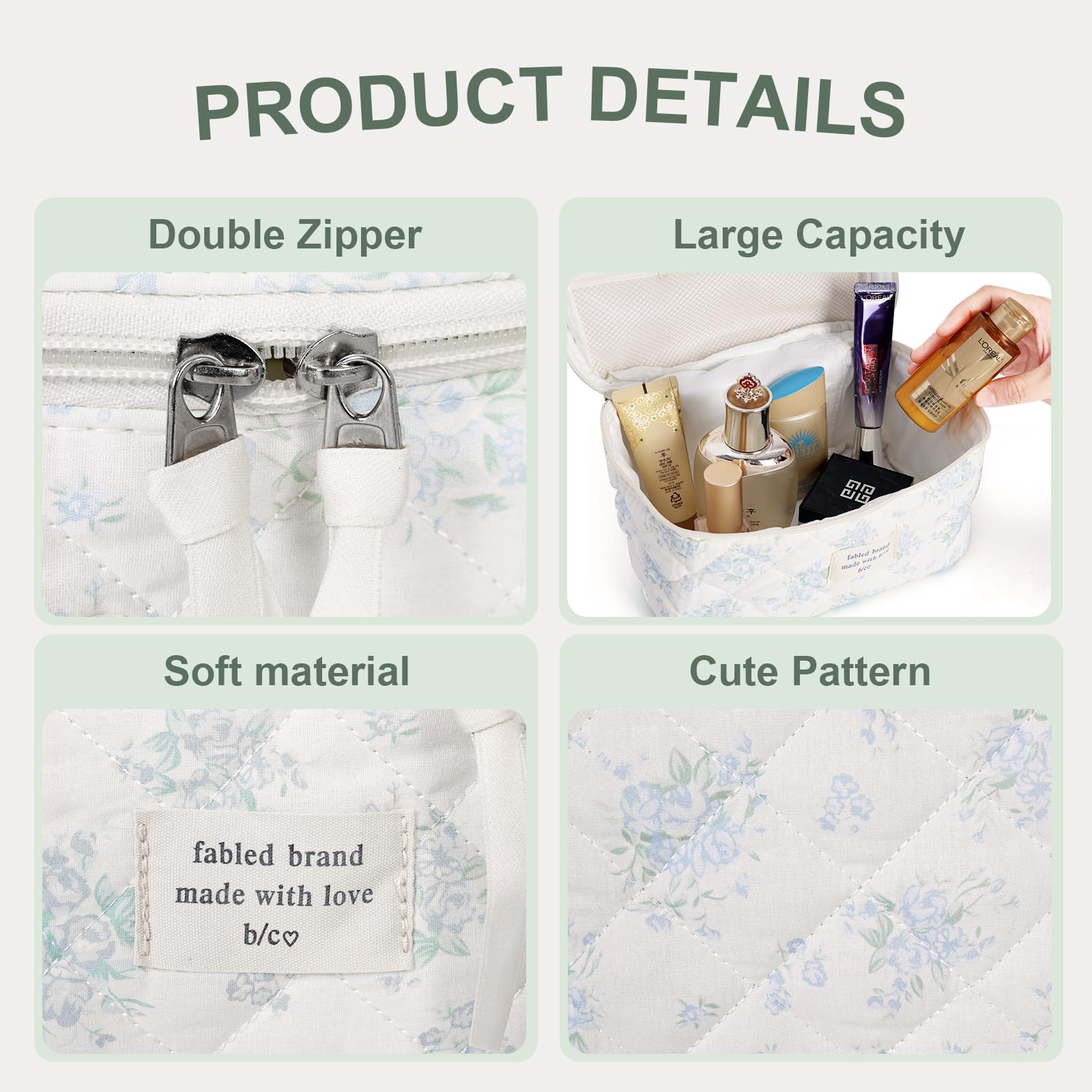 GISMTR 3Pcs Cotton Quilted Makeup Bag Large Travel Cosmetic Bag Coquette Makeup Pouch Cute Aesthetic Floral Toiletry Bag for Women Girls (flower-T)
