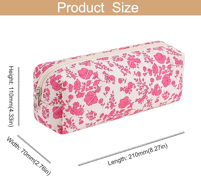 HHQQWZ Cute Floral Cotton Makeup Brush Cosmetic Bag for Women, Travel Quilted Zipper Make Up Bag, Flowers Toiletry Organizer Case Kawaii Makeup Cosmetic Travel Cloth Pouch (Blue+Big Red Floral)