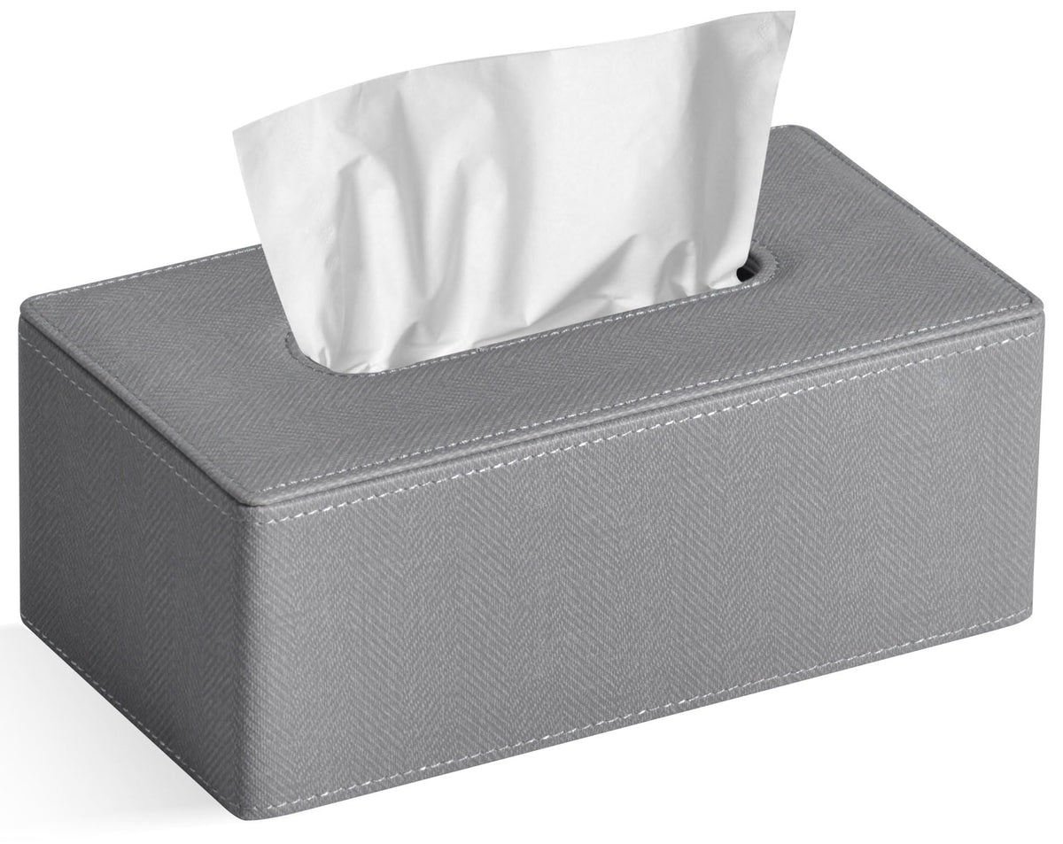 GOLRANLYE Tissue Box Cover Rectangular 9.8"(L) x 5.3"(W) x 4.3"(H) Refined Modern PU Leather Facial Tissue Dispenser Box Holder for Dresser Bathroom Decorative (Linen Grey)