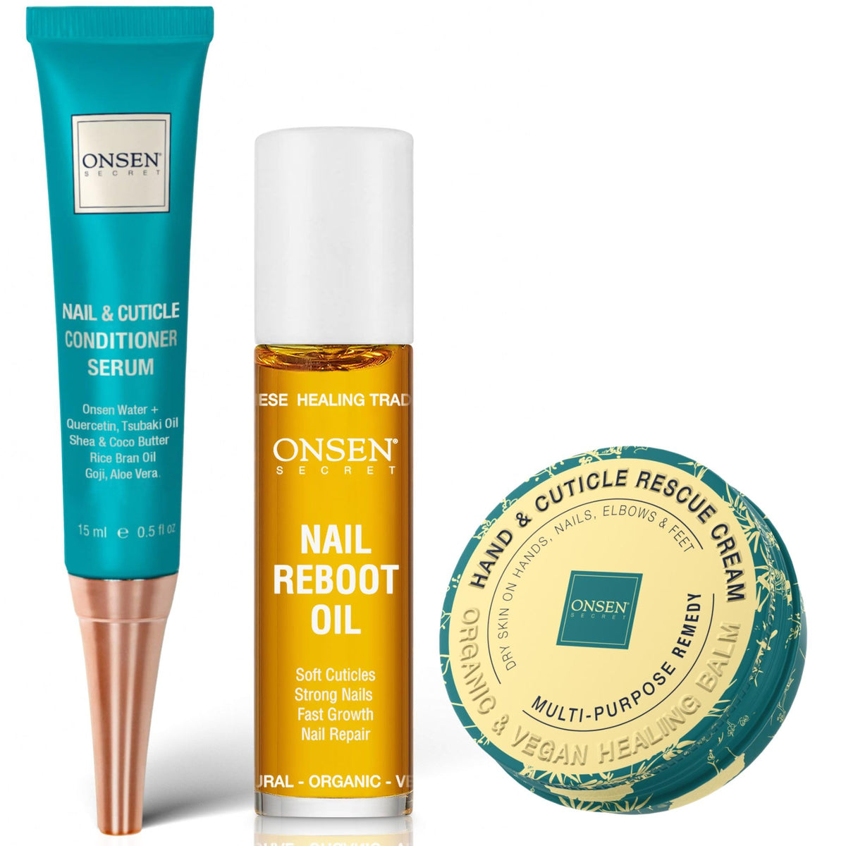 Onsen Nail & Cuticle Rescue Kit – Conditioner Serum, Repair Oil & Cuticle Balm – Tsubaki, Shea Butter, Jojoba – Strengthens Nails, Softens Cuticles, Hydrates Skin (15ml Serum + 10ml Oil + 32.5ml Cream)