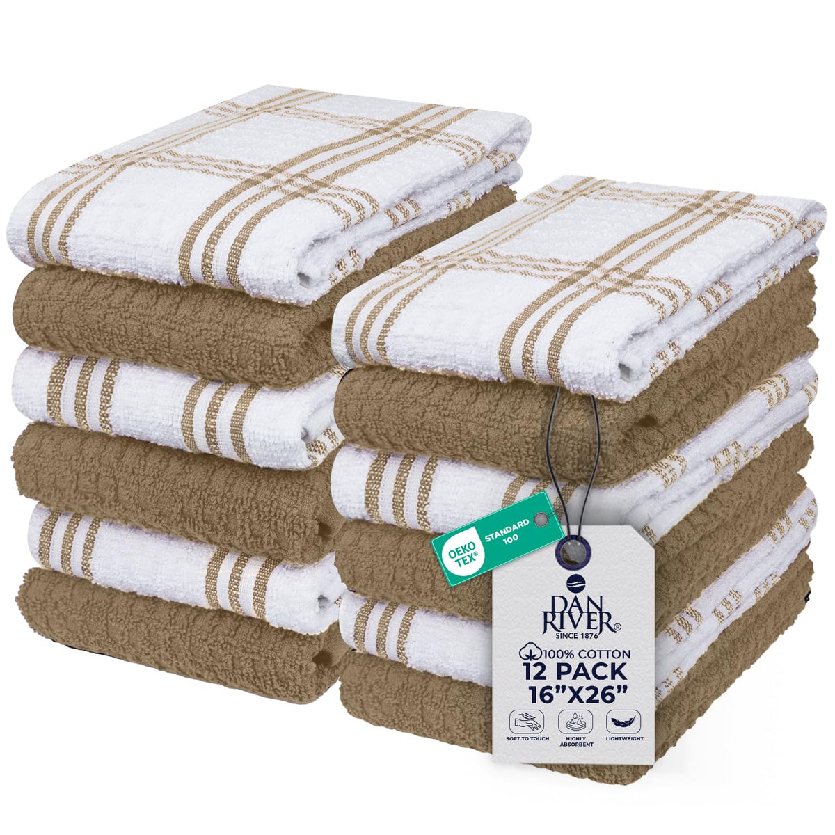 DAN RIVER Gray Kitchen Towels, 12 Pack, 16x26 Inches Absorbent Dish Towels