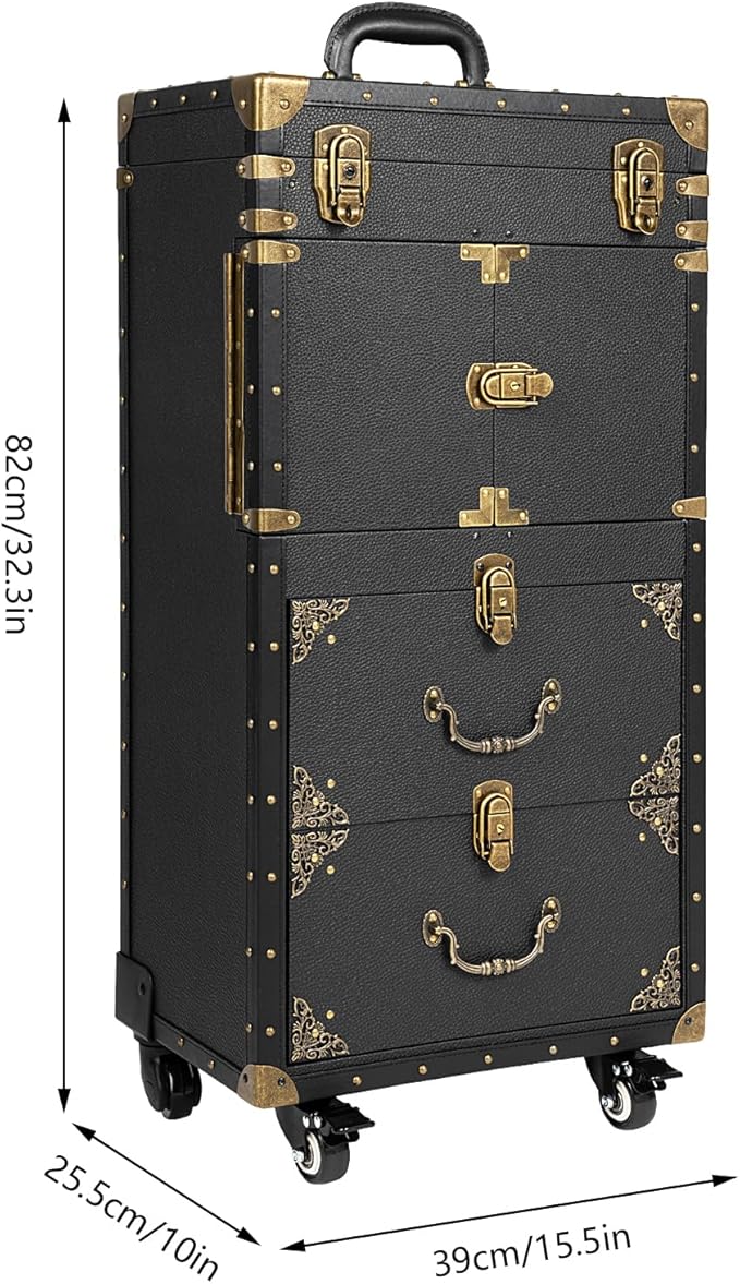 QUEWATSA Rolling Lockable Makeup Train Case, Drawer Luggage Suitcase with Makeup Hairdressing Tools Storage, Makeup Beauty Salon Luggage Hairdressing Trolley Travel Organizer Tool Box, Retro Black