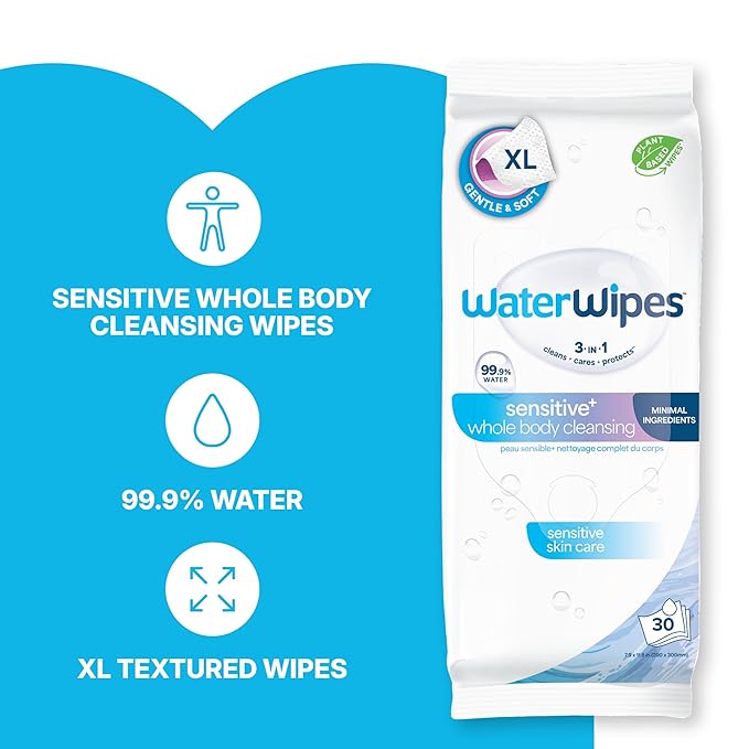 WaterWipes Sensitive Whole Body Cleansing Wipes, 99.9% Purified Water, XL Textured Wipes, Incontinence Care, Fragrance Free, 90 Count