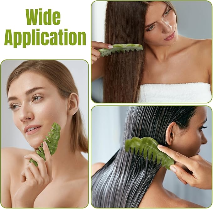 Geiserailie 2 Pcs Jade Combs Esthetician Supplies Massage Stone Hair Gua Sha Scraping Scalp Comb Facial Massage Tool Handheld Head Tools Head Caring Therapy Mother's Day for Women(Plain Style)