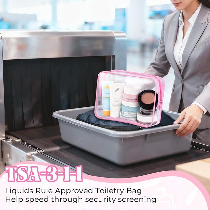 CHICAUP 6 Pieces Clear Makeup Bags Bulk TSA Approved Toiletry Bag for Travel PVC Waterproof Clear Cosmetic Pouch with Zipper for Men and Women Carry-on Travel Essentials (Pink)