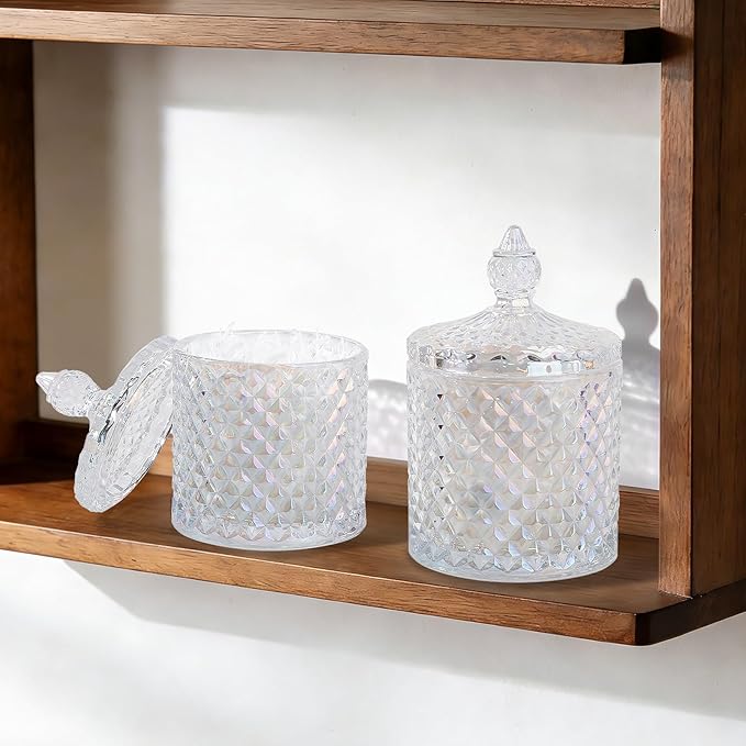 2 Pack Qtip Holder Apothecary Jars with Lid, Thick Glass, Iridescent Clear