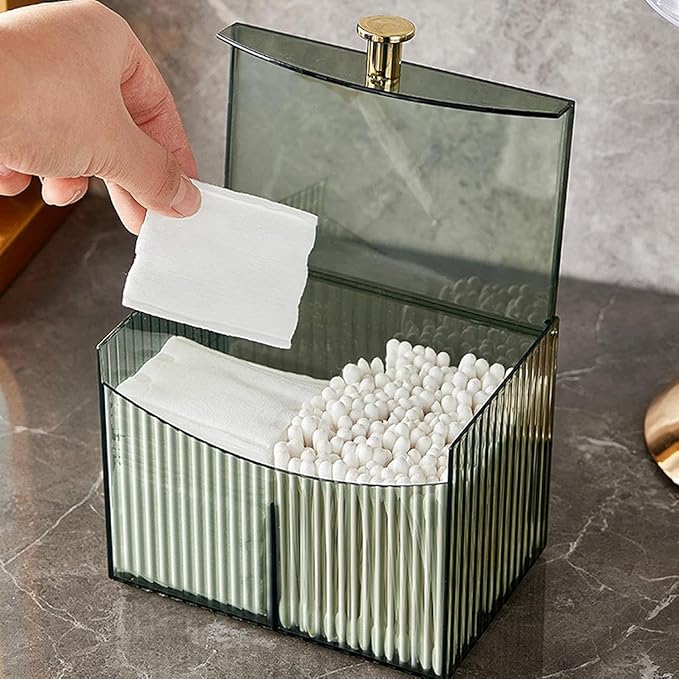 WIWIUXY 2-Grid Cotton Swab Ball Qtip Holder Dispenser with Lid,Container Dispenser Box for Bathroom Home Storage Organization,Vanity Organizers and Storage