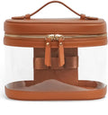 Popvibe Travel Makeup Case Clear Vanity Bag with Brush Holder, Compact Leather Train Case Brown Make Up Bag Storage Organizer Luxury Cosmetic Case Travel Essentials Cute Portable with Handle