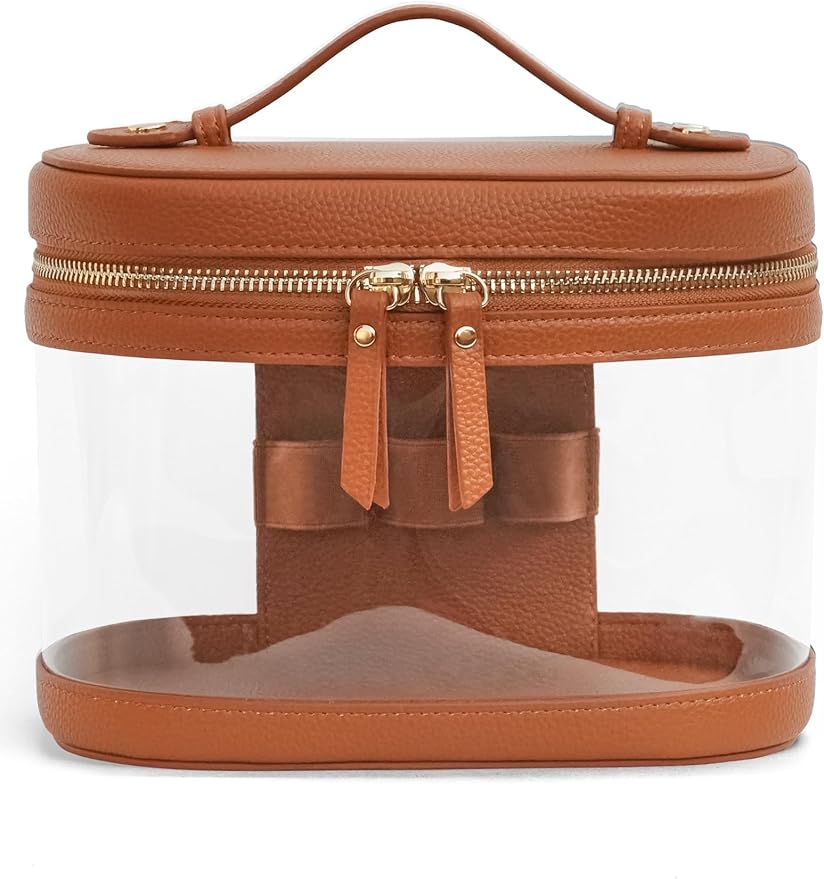 Popvibe Travel Makeup Case Clear Vanity Bag with Brush Holder, Compact Leather Train Case Brown Make Up Bag Storage Organizer Luxury Cosmetic Case Travel Essentials Cute Portable with Handle