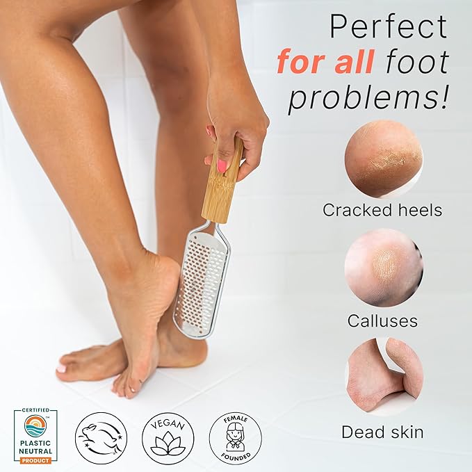 Foot File - Callus Remover Tool for Dead Skin Removal, At Home Pedicure Tools, Foot Rasp Callus Remover Feet and Heels, Smooth Soft Feet Using a Grater & Scraper (Bamboo & Stainless Steel) (1 Pack)