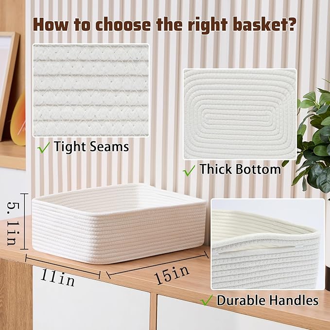 Large Shallow Organizing Baskets 15x11x5.1 Inches - Rope Woven Storage Bins for Bathroom, Shelves, Cube Closet, Off White 3 Packs