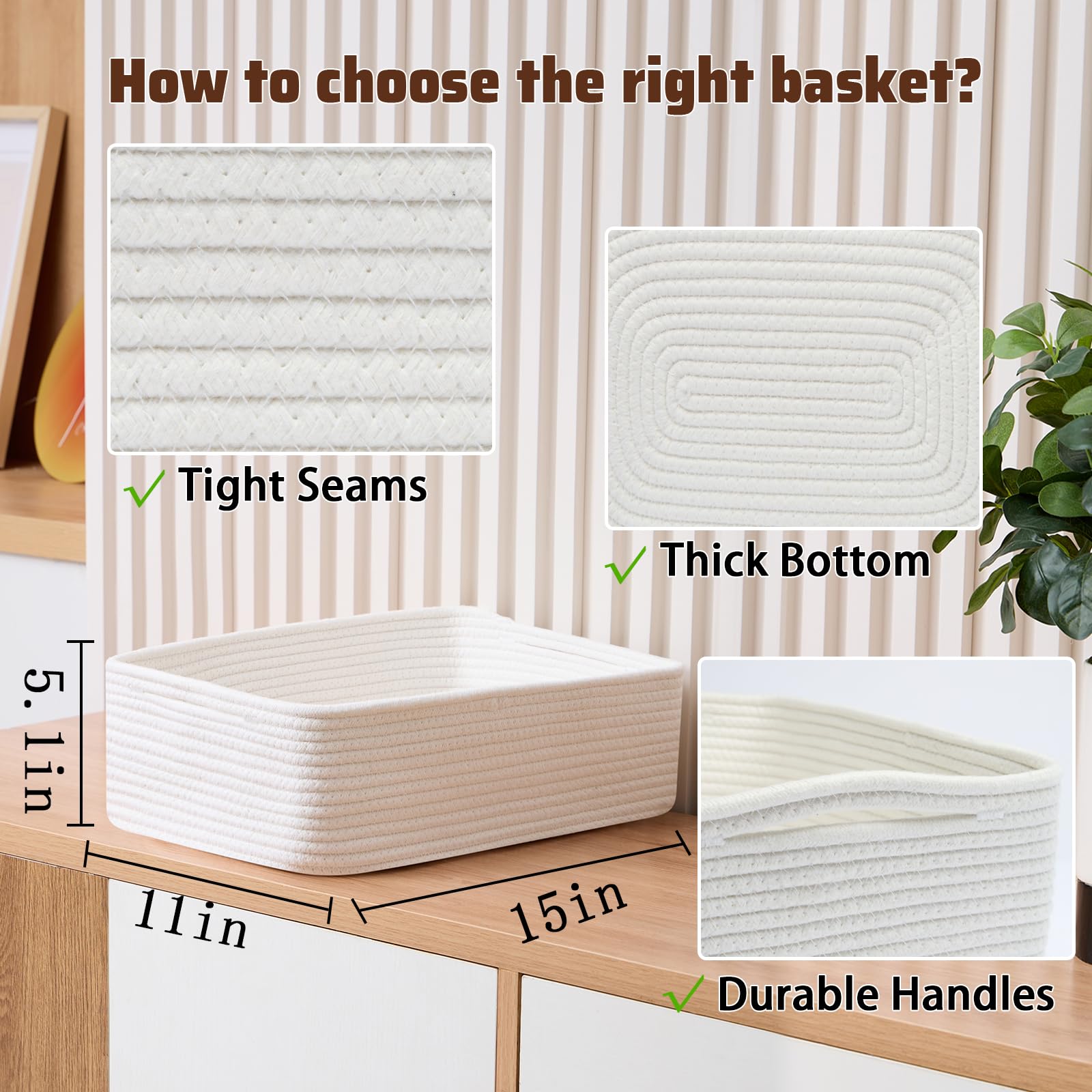MiniArk Large Shallow Organizing Baskets 15x11x5.1 Inches - Rope Woven Storage Bins for Bathroom, Shelves, Cube Closet, Off White 4 Packs