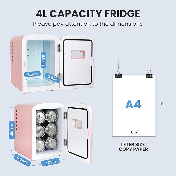 HealSmart Mini Fridge Portable 4 Liter/6 Can with Observation Window, Cooler&Warmer Small Desk Compact Refrigerator for Skin Care, Cosmetics, Beverage, Food in Bedroom, Car, Office, Dorm, Pink