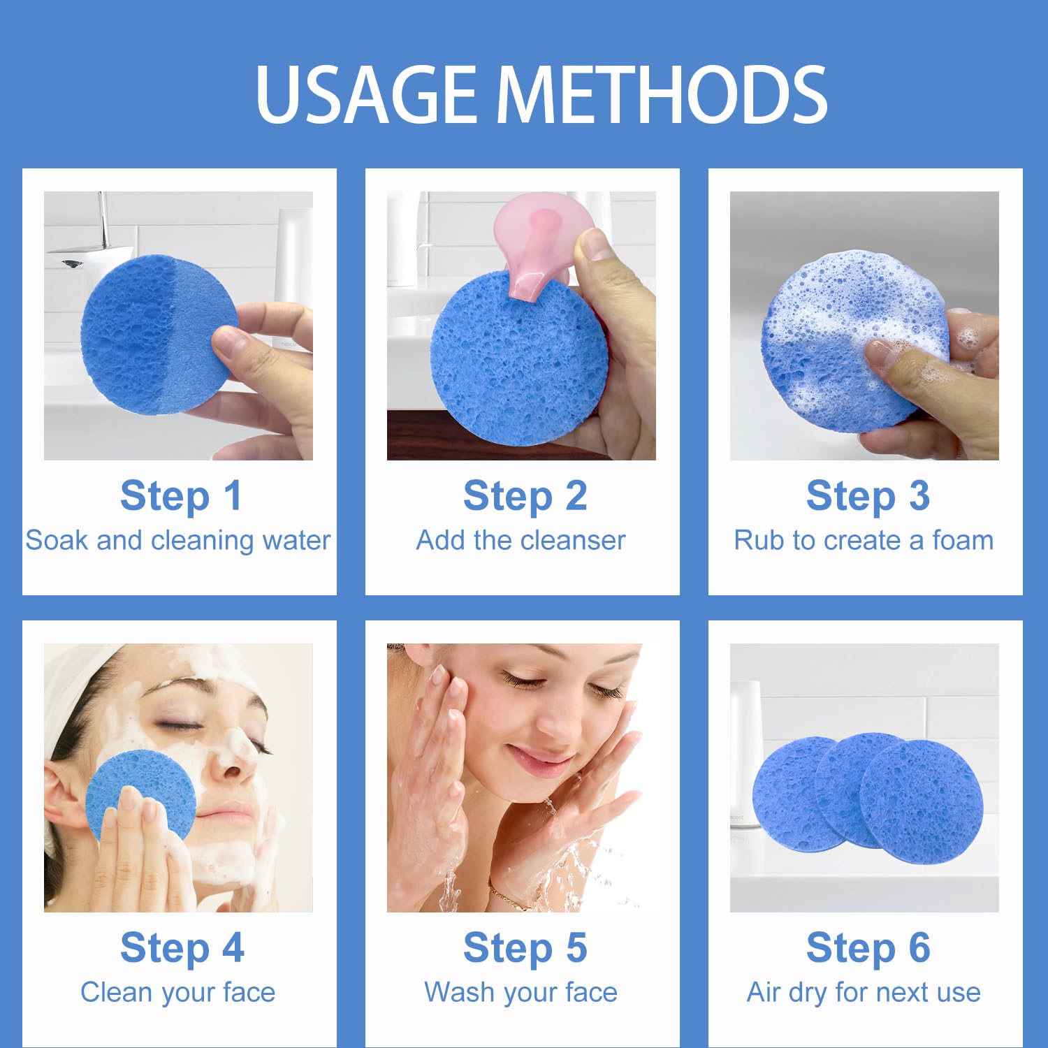 50-Count Large Compressed Facial Sponges for Estheticians, Daily Cleansing and Gentle Exfoliating- 100% Natural Cellulose Spa Sponge Perfect for Removing Dead Skin, Dirt and Makeup (Round 2.95",Blue)