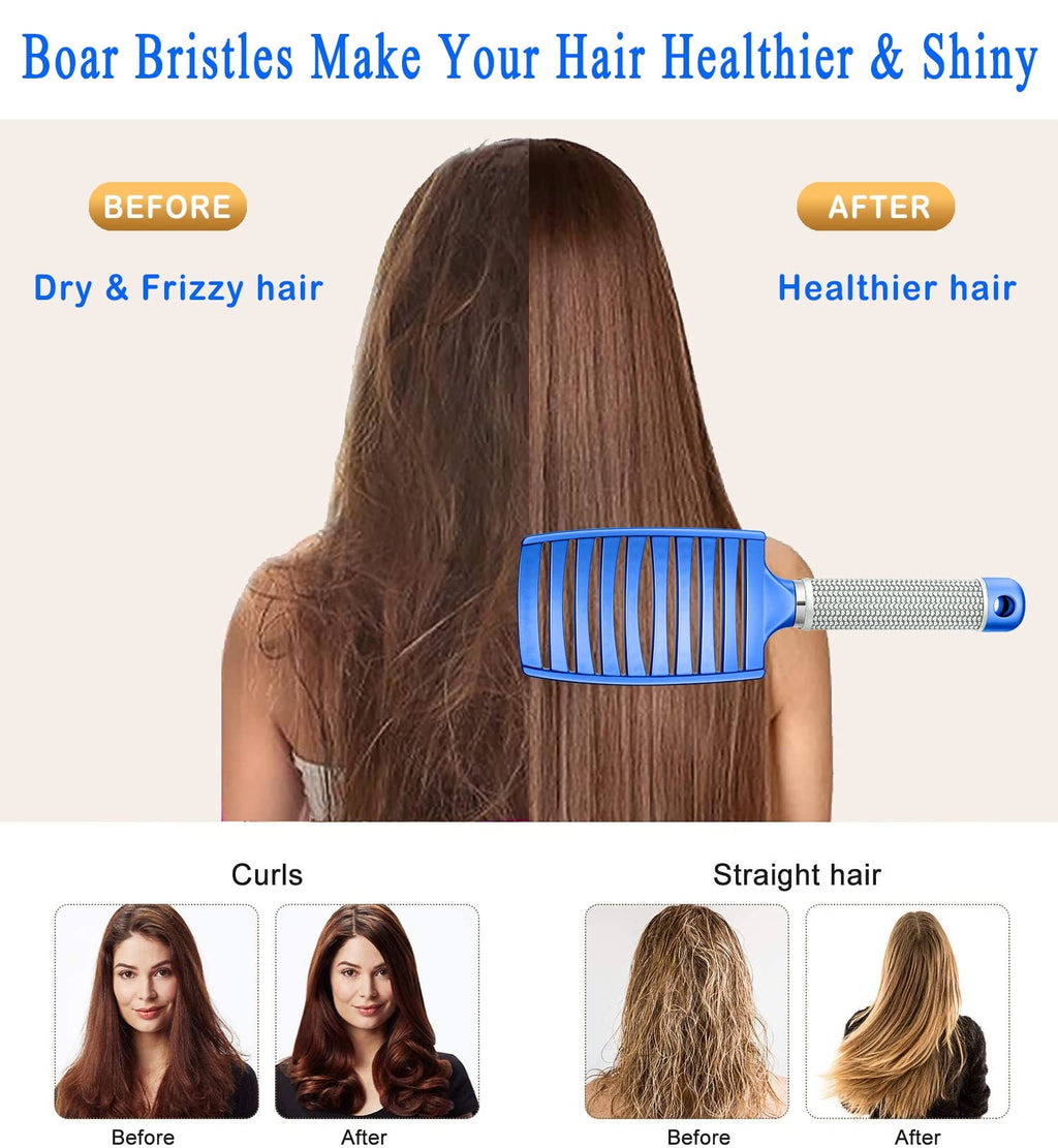 KTKUDY Detangling Brush Boar Bristles Hairbrush Make Hair Shiny & Healthier Curved and Vented Detangler Brush for Women Men Kids Wet and Dry Hair (Blue)