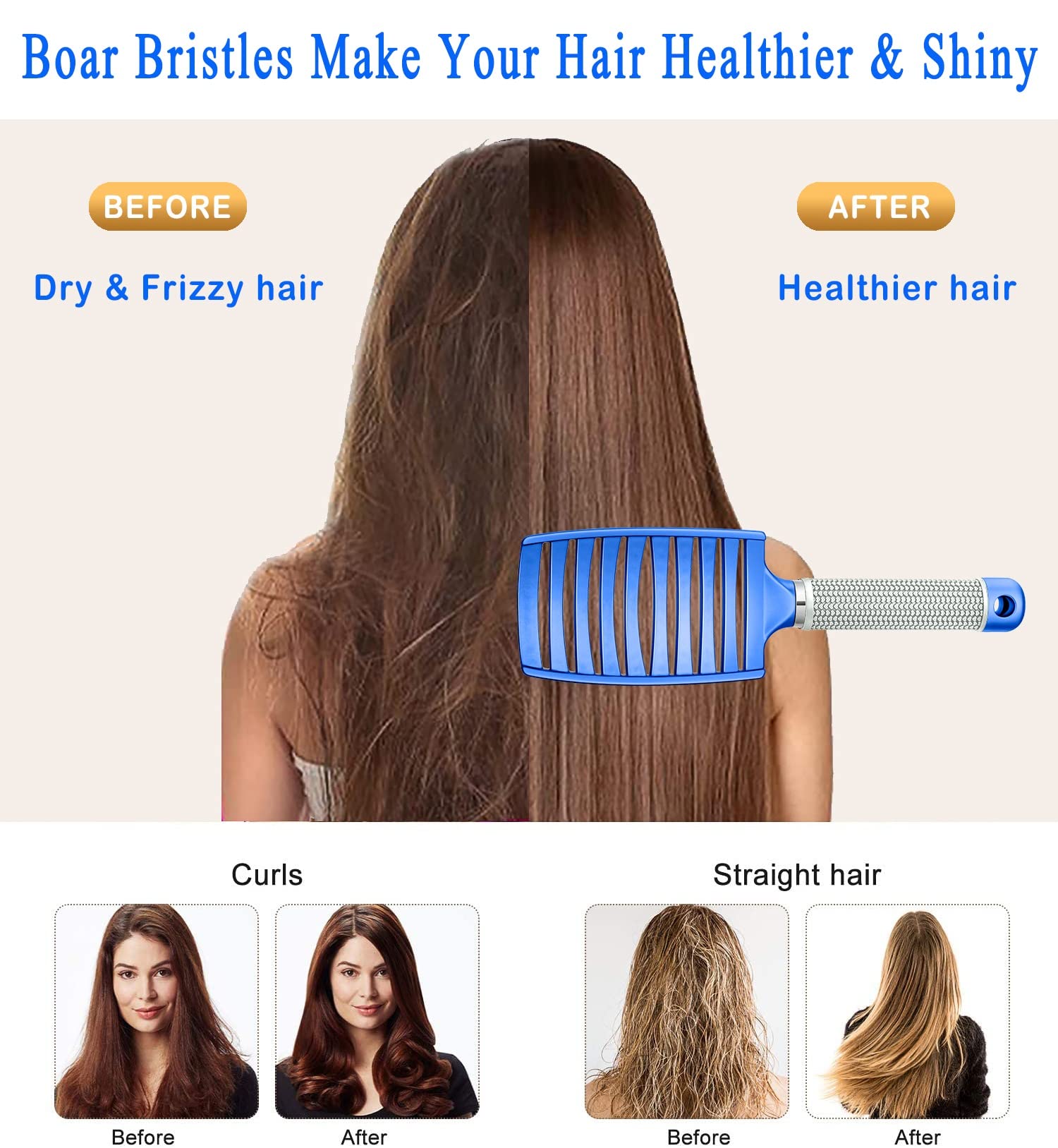 KTKUDY Detangling Brush Boar Bristles Hairbrush Make Hair Shiny & Healthier Curved and Vented Detangler Brush for Women Men Kids Wet and Dry Hair (Blue)