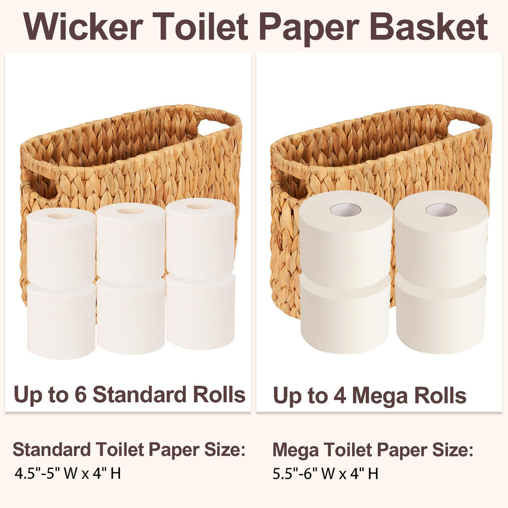 FairyHaus Wicker Toilet Paper Storage Basket with Buit-in Handles, 6 Rolls Natural Water Hyacinth Toilet Paper Holder Stand with Storage, Freestanding Handwoven Toilet Paper Holder Basket for Bathroom