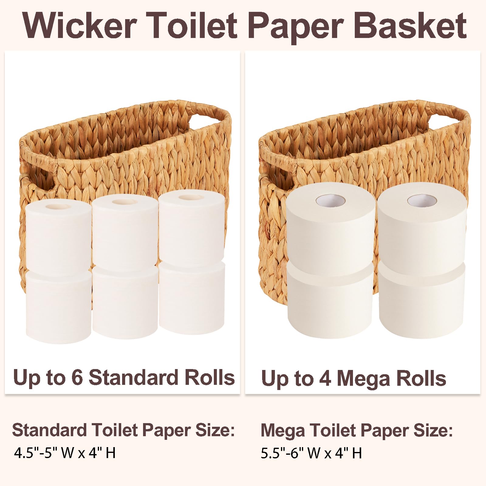 FairyHaus Wicker Toilet Paper Storage Basket with Buit-in Handles, 6 Rolls Natural Water Hyacinth Toilet Paper Holder Stand with Storage, Freestanding Handwoven Toilet Paper Holder Basket for Bathroom
