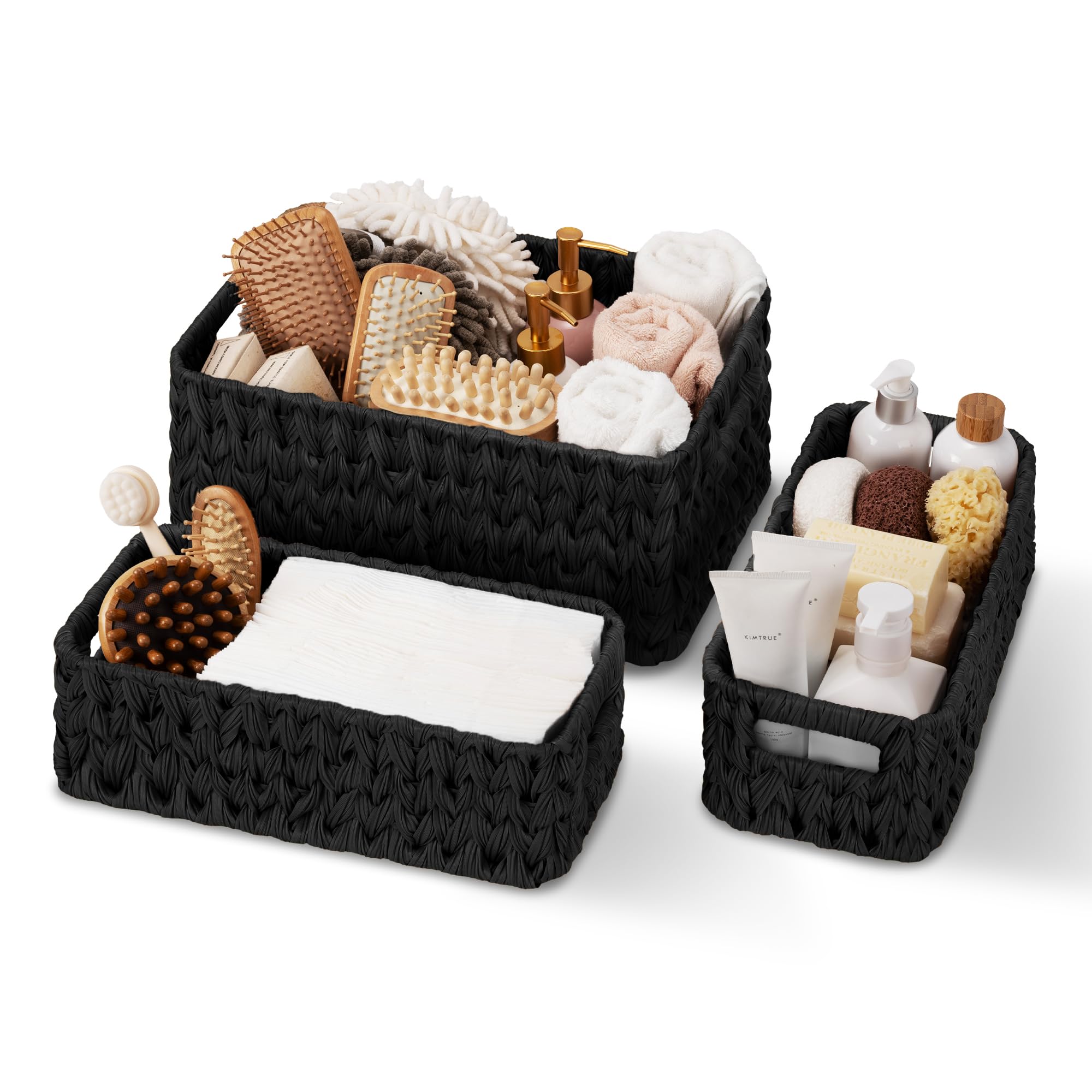 GRANNY SAYS Wicker Baskets for Storage, Wicker Storage Basket for Organizing, Large Woven Baskets, Waterproof Basket for Vanity, Home Decor, Black, 3-Pack