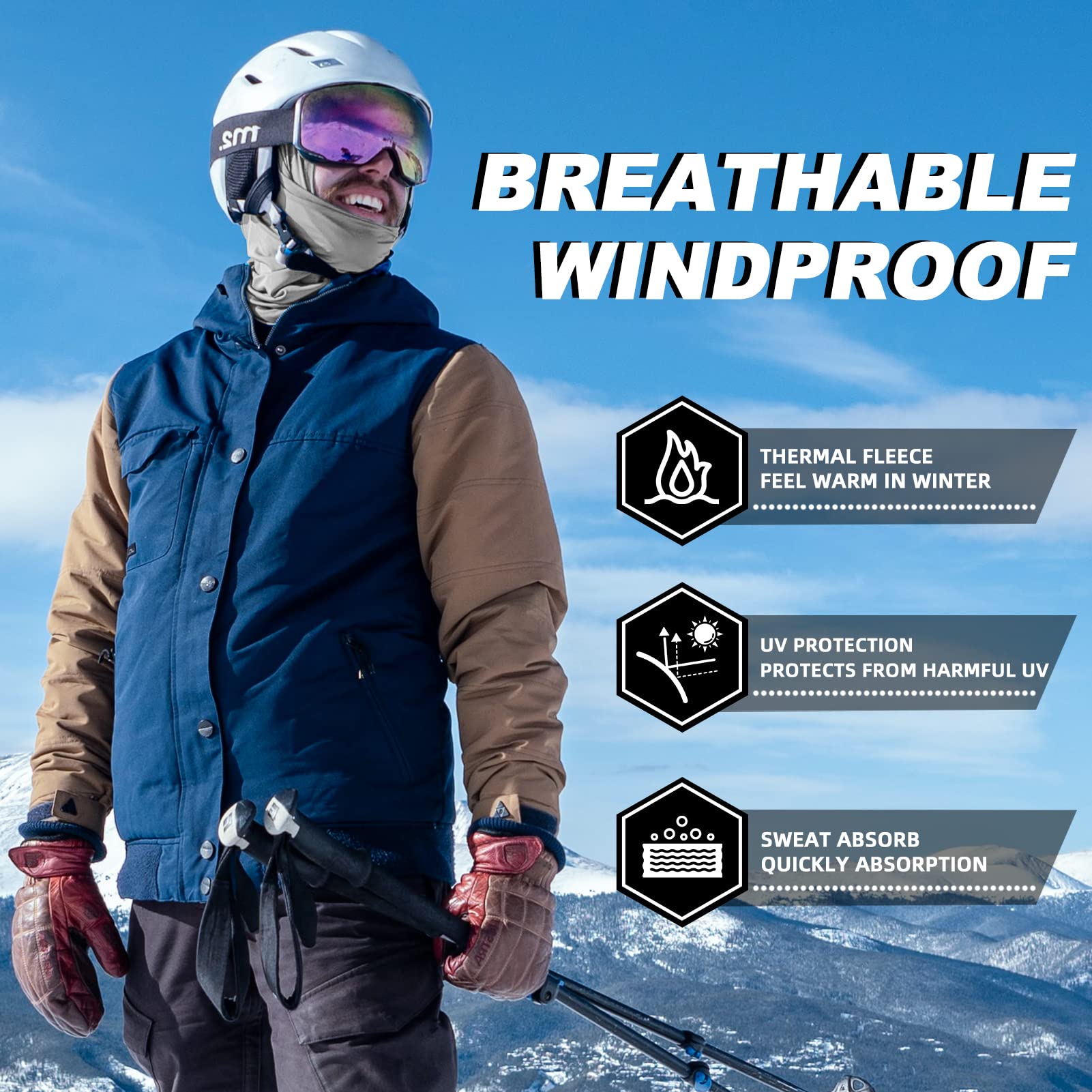 ROCKBROS Cold Weather Balaclava Ski Mask for Men Windproof Thermal Winter Scarf Mask Women Neck Warmer Hood for Cycling Grey