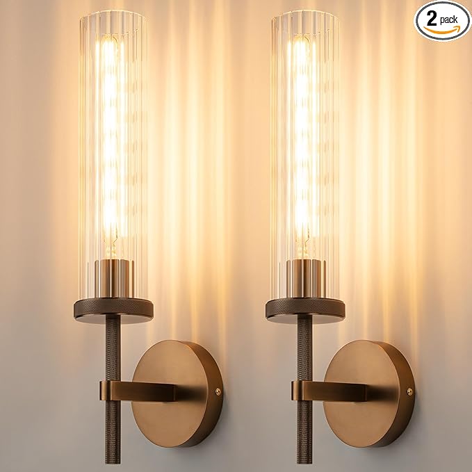 19.5" Knurled Bronze Hardwired Wall Sconces Set of 2, Bathroom Vanity Light Fixtures with Vertical Striped Glass Tube, Modern Lamp for Bedroom, Living Room, Hallway, Staircase, Mirror, Kitchen