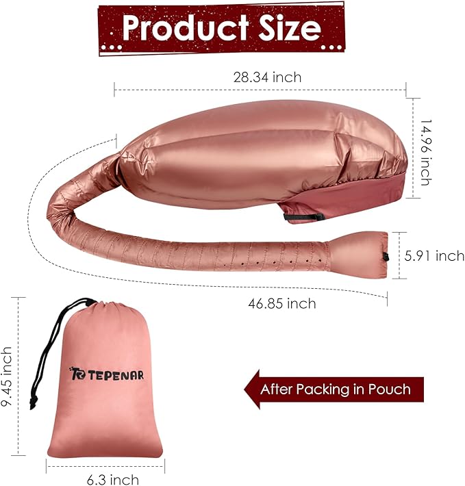 TEPENAR Hair Dryer Bonnet Attachment: Upgraded Extra Large Hooded Dryer Adjustable Hair Dryer Caps - Easy to Use for Natural Curly Textured Hair Care Styling Fast Drying - Rose Gold
