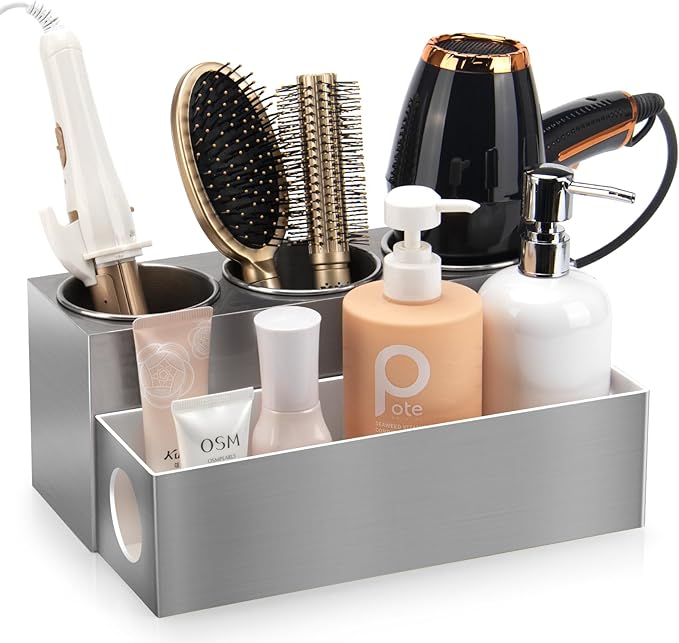 GFWARE Hot Hair Styling Tool Organizer with 3 Stainless Steel Cups, Silver