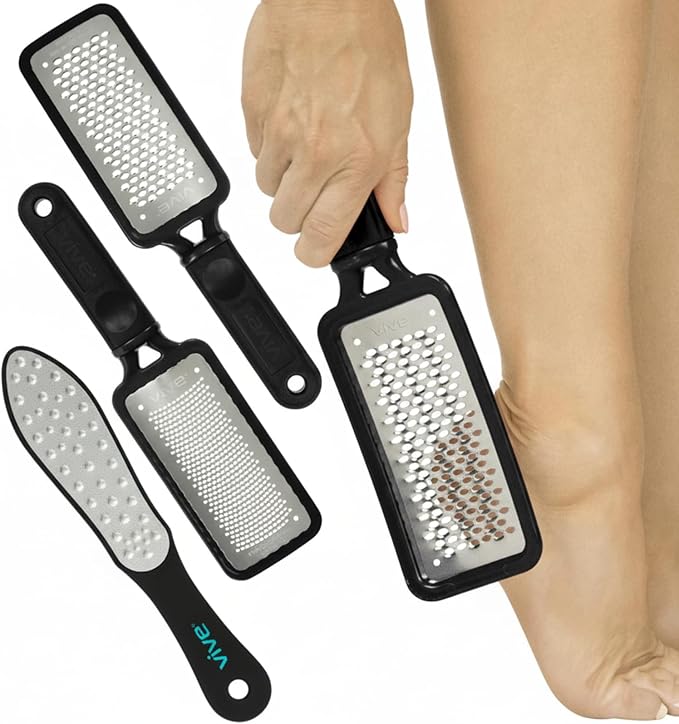 Vive Foot File (3 Pack) - Feet Scraper for Dead Skin - Heel Grater, Callus Remover Scrubber Tool, Rasp for Cracked Heels - Stainless Steel Pedicure Filer for Men & Women - Use on Wet or Dry Skin