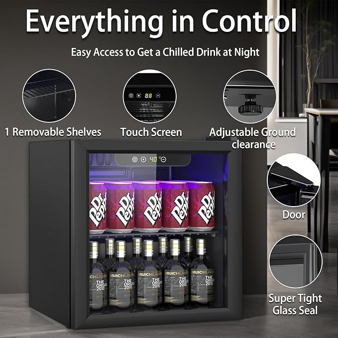 DOGHLY 1.3 Cu.ft Beverage Refrigerator Cooler, 60 Cans Mini Fridge with Glass Door, and Temperature controllable switch for Soda, Beer or Wine For Office or Bar with Removable Shelves
