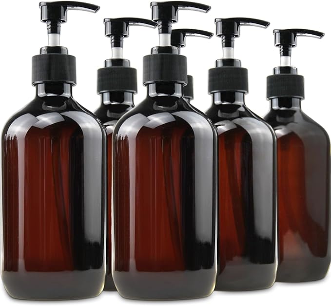 Empty Plastic Bottles with Pump Dispenser, 500ml/16.9oz (Amber, 6 Pack)